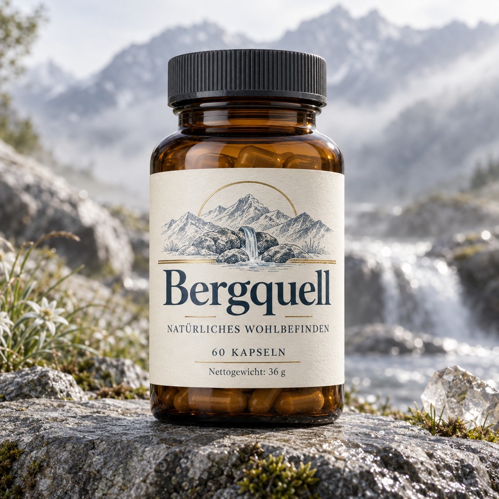 Bergquell in einer Produktaufnahme mit lesbarem Etikett